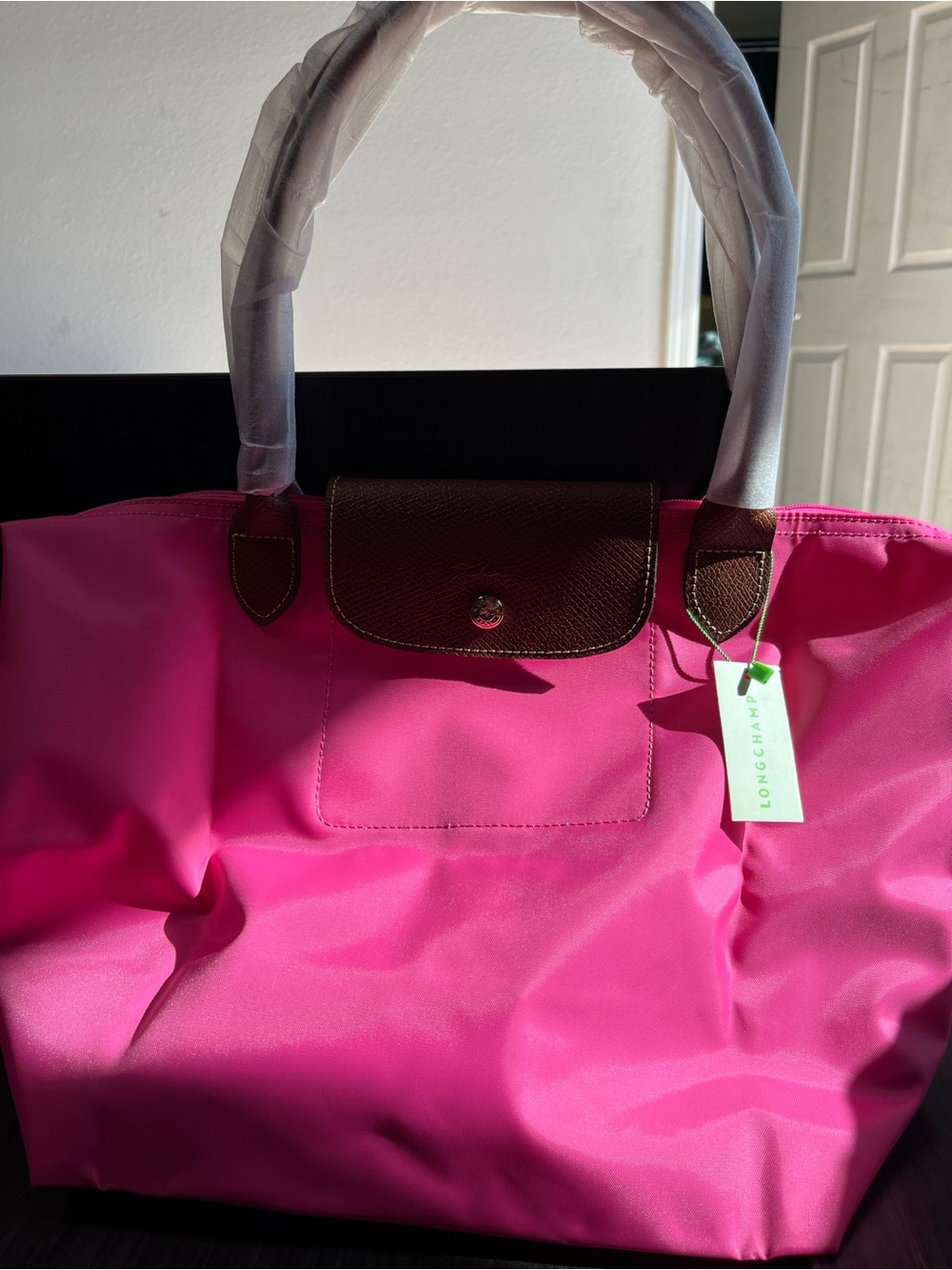 Longchamp Large Pink Nylon Tote Bag with Brown Trim